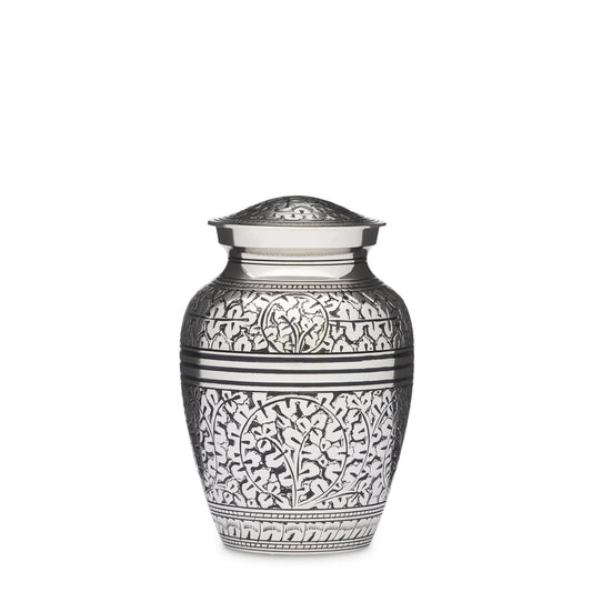Silver Acorn Leaf Pendant Urn - Medium in solid brass with intricate silver nickel leaf design. Features a secure threaded lid and 650ml capacity.