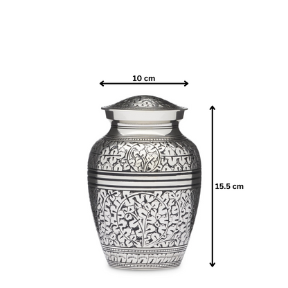 Medium Silver Acorn Leaf Pendant Urn with dimensions 15.5 cm height and 10 cm width. Solid brass, secure lid, and detailed silver leaf pattern.