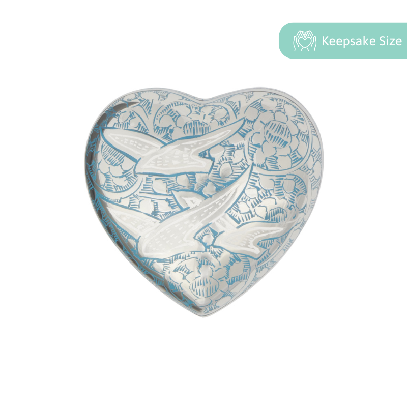 Birds in Flight Heart Keepsake in silver and brass with etched bird design, ideal bird keepsake memorial gift with floral detailing.