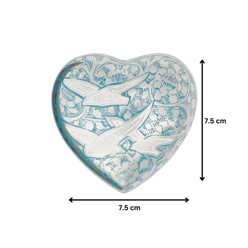 Birds in Flight Heart Keepsake measuring 7.5 cm, silver and brass bird memorial gift with floral etching, perfect for keepsake mementos.