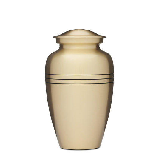Classic Brass Urn - Adult Brass Urn with solid brass construction and gold finish. Features a sleek design with triple black bands and a secure lid.