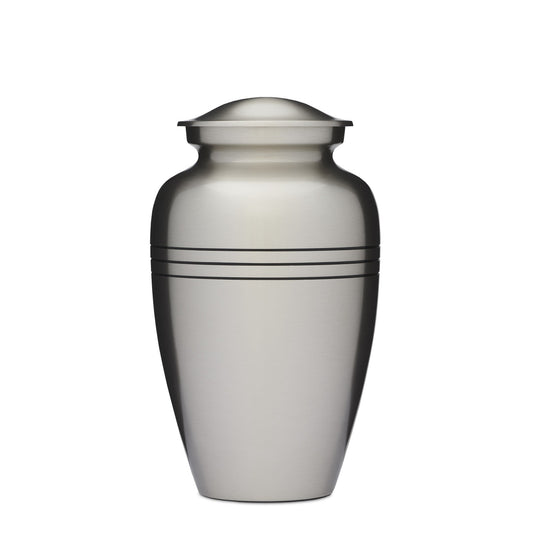 Classic Pewter Cremation Urn - Adult Urn in solid brass with brushed pewter finish and triple black ring design. Features a secure threaded lid.