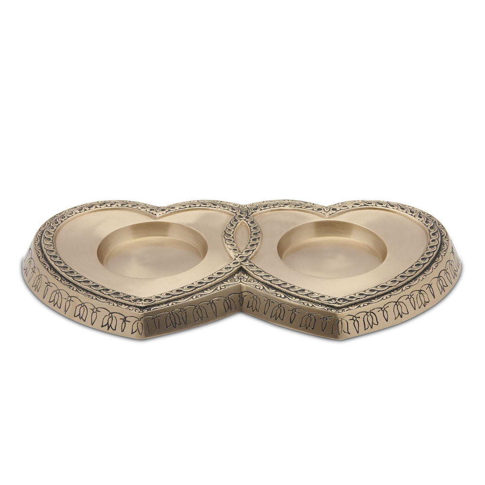 Brass Love Heart Urn Base in gold finish with two heart-shaped holders for adult urns. Elegant engraved detailing ideal for memorial displays.