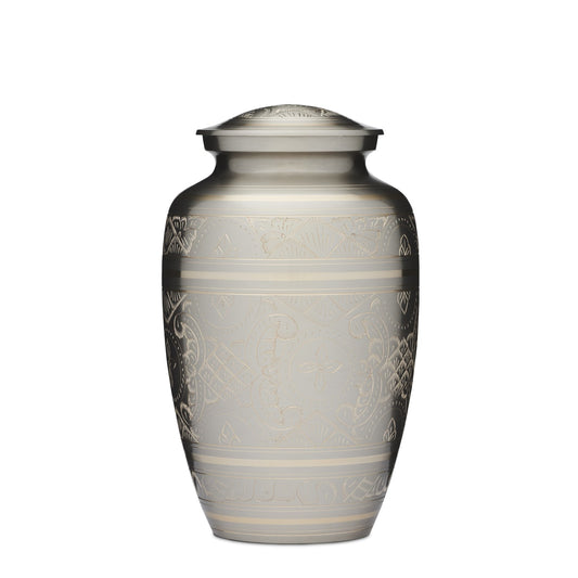 Platinum Gold Urn - Brass Cremation Urn with etched detailing and secure lid. Elegant adult urn with felted bottom for ashes storage.