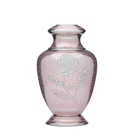 Pink Rose Adult Urn - Solid Brass with intricate pink floral engravings, secure threaded lid, and felted base for furniture protection.