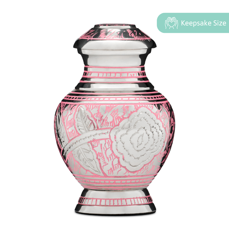 Rose Pink Keepsake Urn - Solid Brass with 55ml capacity, featuring intricate floral etching and a secure threaded lid. Ideal for small mementos or ashes.