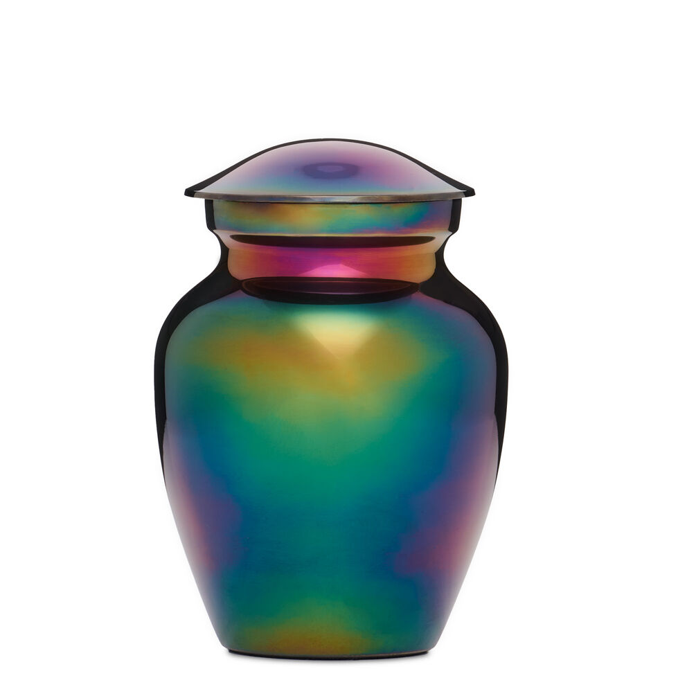 Anodised Small 4" Urn - Small Brass Urn in iridescent rainbow finish with a secure threaded lid and felted bottom, ideal for discreet ash storage.