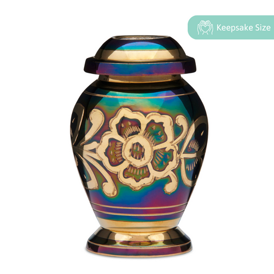 Roman Green Gold Keepsake Urn in solid brass with floral gold detailing and iridescent finish. Ideal for ashes or mementos, includes velvet box.