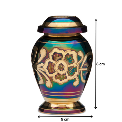 Roman Green Gold Keepsake Urn measuring 8 cm tall and 5 cm wide, crafted from solid brass with floral gold accents and secure sealing lid.