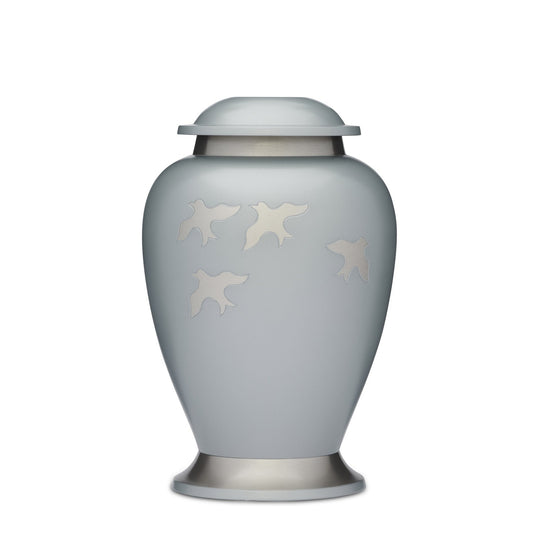Silver Birds Adult Urn - Cremation | Solid Brass Design featuring engraved flying birds on a matte silver finish. Ideal memorial urn for ashes.