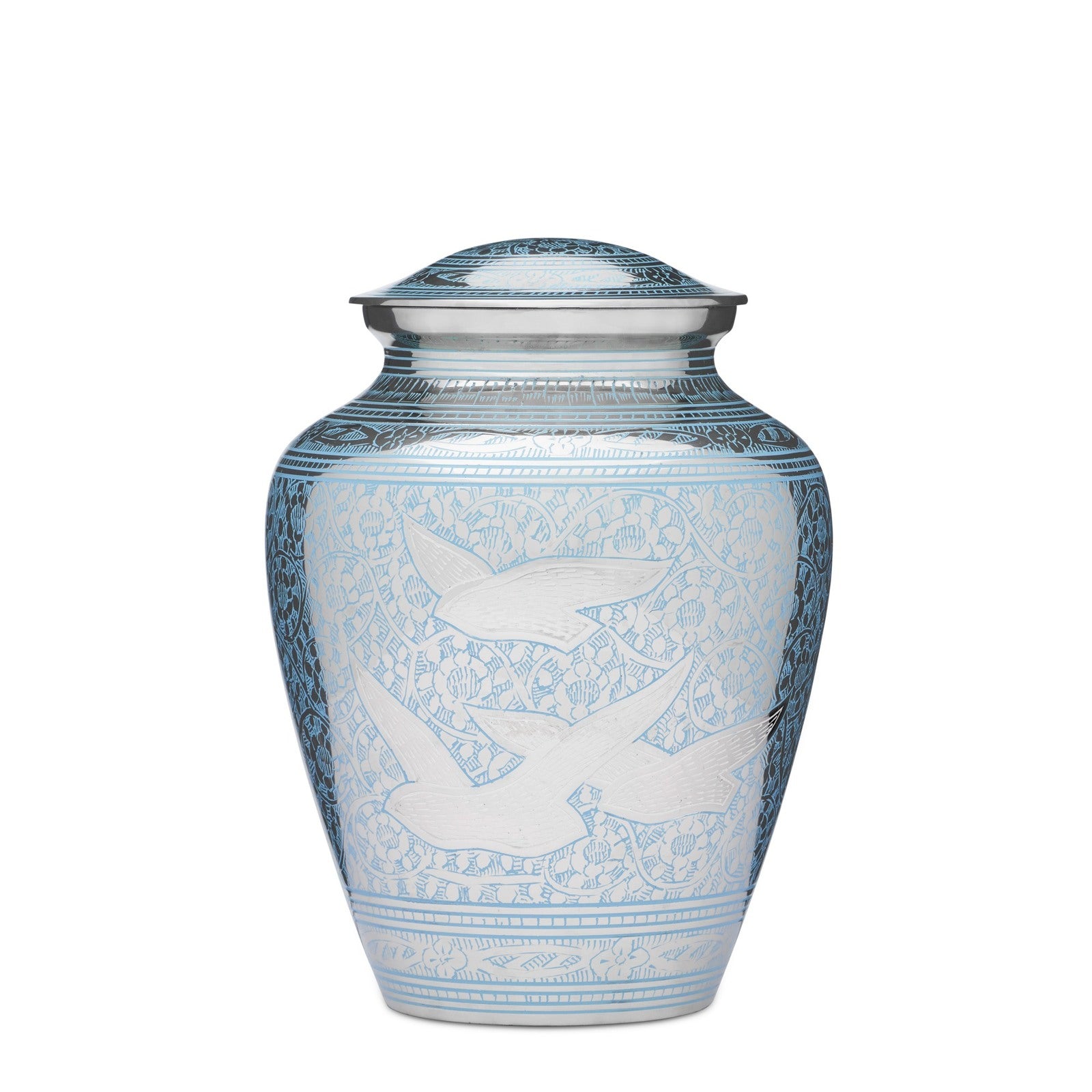 Peaceful Birds Teal Urn - Teal Birds Brass Urn with silver nickel finish and engraved flying bird design. Ideal for ashes and memorial use.