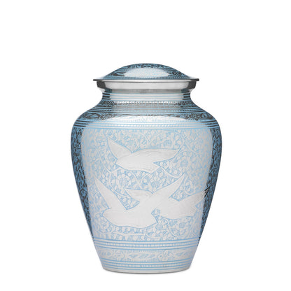 Peaceful Birds Teal Urn - Teal Birds Brass Urn with silver nickel finish and engraved flying bird design. Ideal for ashes and memorial use.