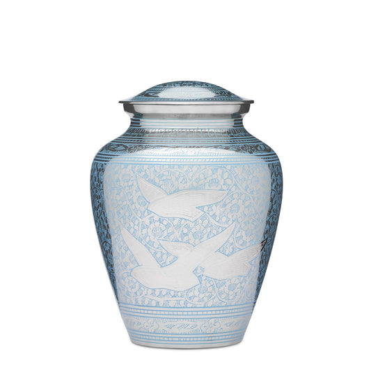 Peaceful Birds Teal Urn - Teal Birds Brass Urn with silver nickel finish and engraved flying bird design. Ideal for ashes and memorial use.