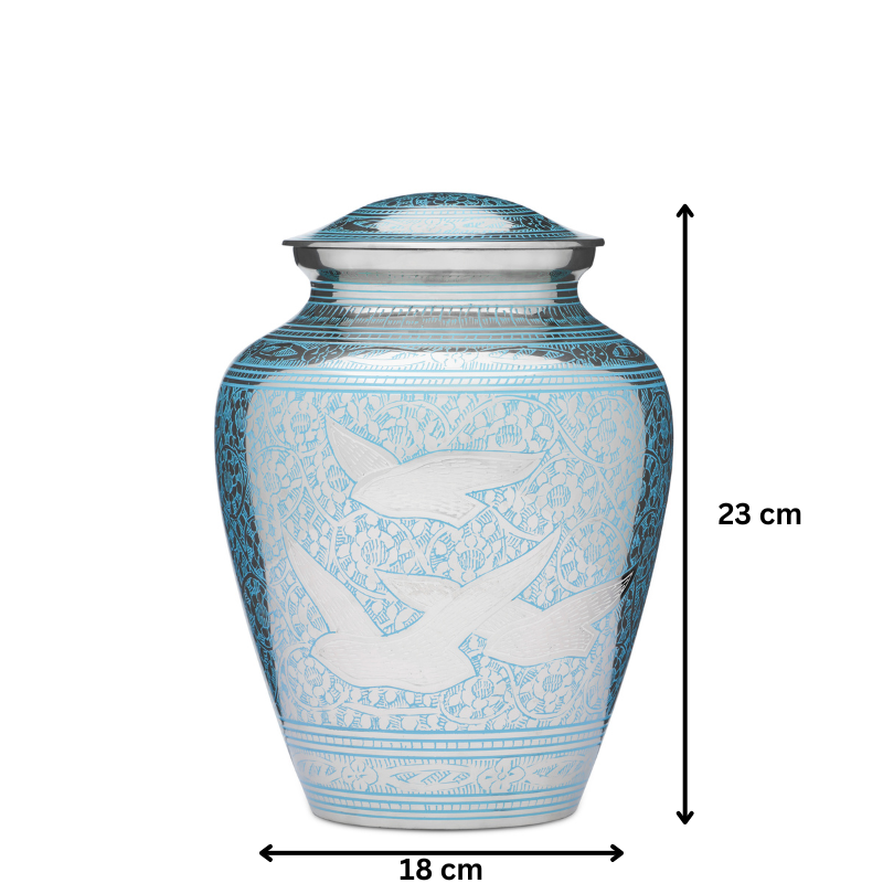 Peaceful Birds Teal Urn - Solid Brass Urn for ashes, 23 cm tall and 18 cm wide, featuring teal and silver bird motif with secure threaded lid.