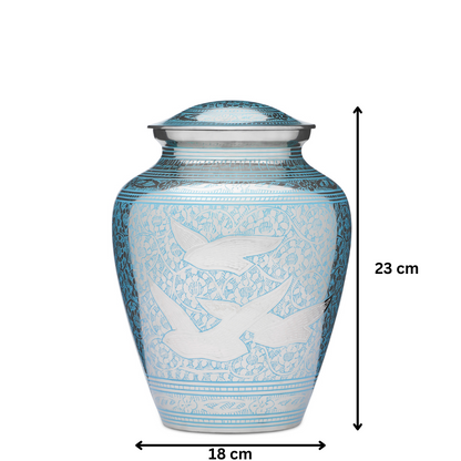 Peaceful Birds Teal Urn - Solid Brass Urn for ashes, 23 cm tall and 18 cm wide, featuring teal and silver bird motif with secure threaded lid.