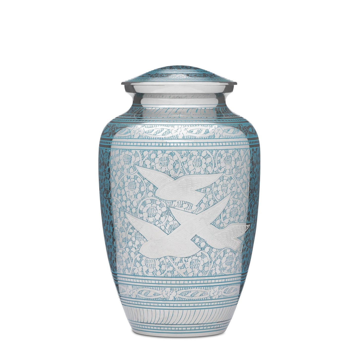 Birds Returning Home Adult Urn - Memorial Brass Urn with silver nickel finish, etched bird design, and threaded lid for secure closure.