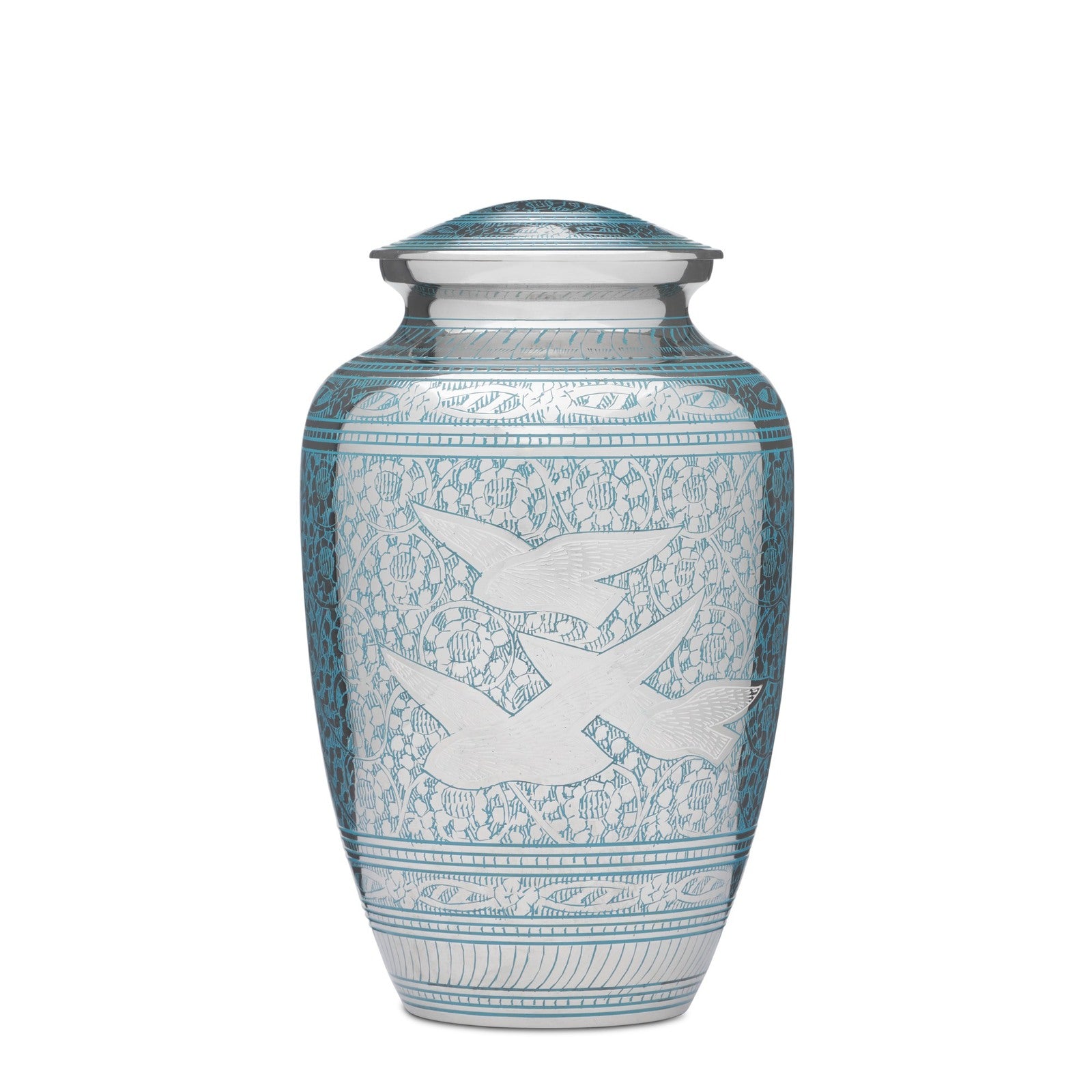 Birds Returning Home Adult Urn - Memorial Brass Urn with silver nickel finish, etched bird design, and threaded lid for secure closure.
