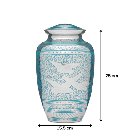 Birds Returning Home Adult Urn - 25 cm tall and 15.5 cm wide, crafted from solid brass with 3L capacity and secure threaded lid.