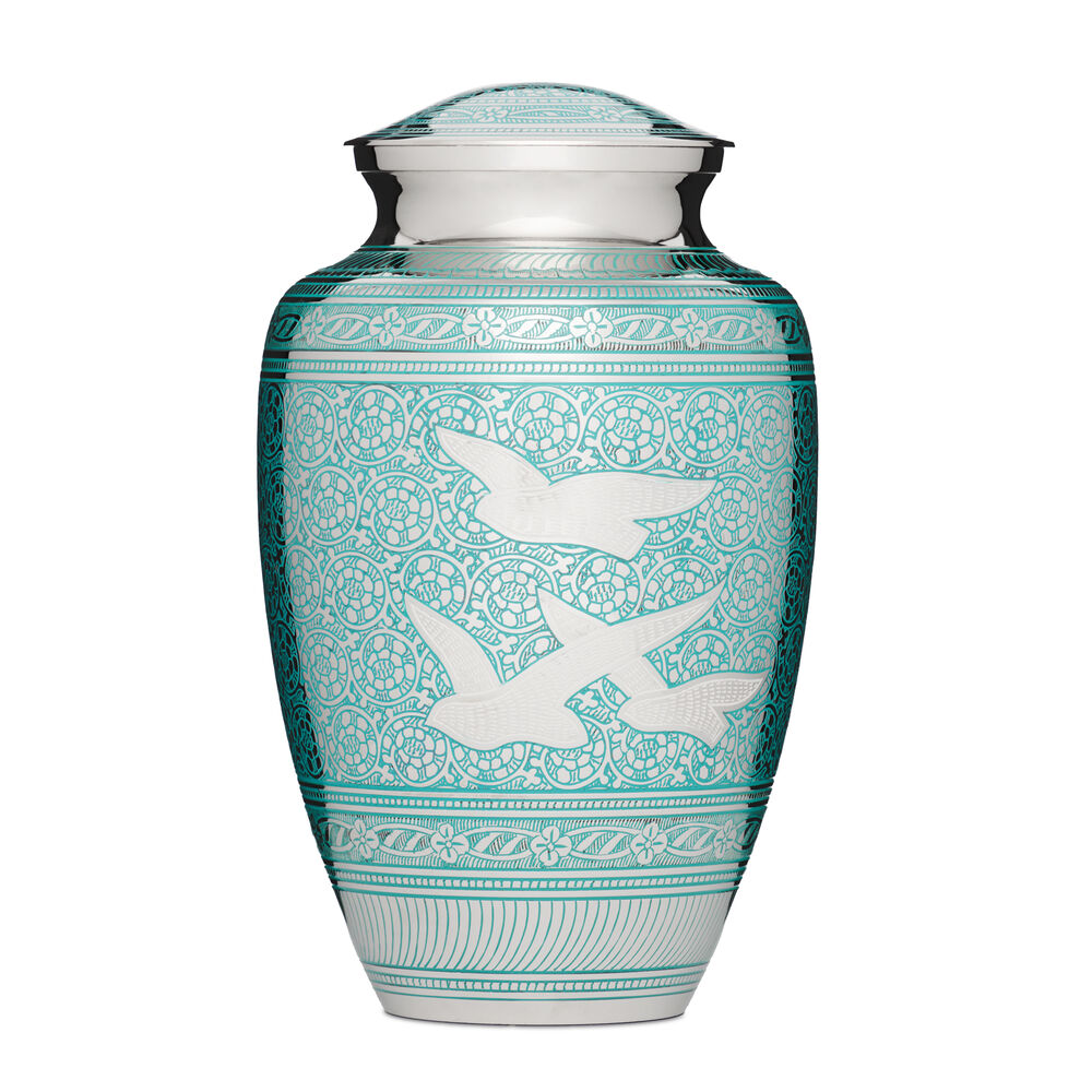 Birds Returning Home Companion Urn - Bird Companion Urn | Durable Solid Brass with silver nickel finish, features flying bird design for two adults.