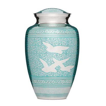 Birds Returning Home Companion Urn - Bird Companion Urn | Durable Solid Brass with silver nickel finish, features flying bird design for two adults.