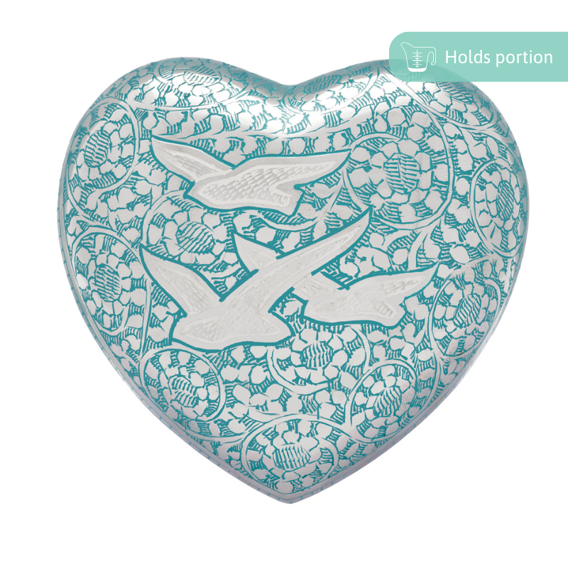 Birds Returning Home Urn - Large Heart Ashes Urn in teal enamel with white bird motif and floral engravings. Brass construction with 225ml capacity.