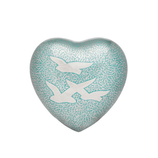 Birds Returning Home Heart Urn - Adult Bird Heart Urn in solid brass with teal and blue enamel, featuring three white birds in flight, 3.4L capacity.