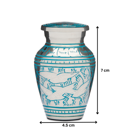 Bird Keepsake Urn - Birds Returning Home with dimensions 7 cm tall and 4.5 cm wide, crafted in solid brass with teal detailing.
