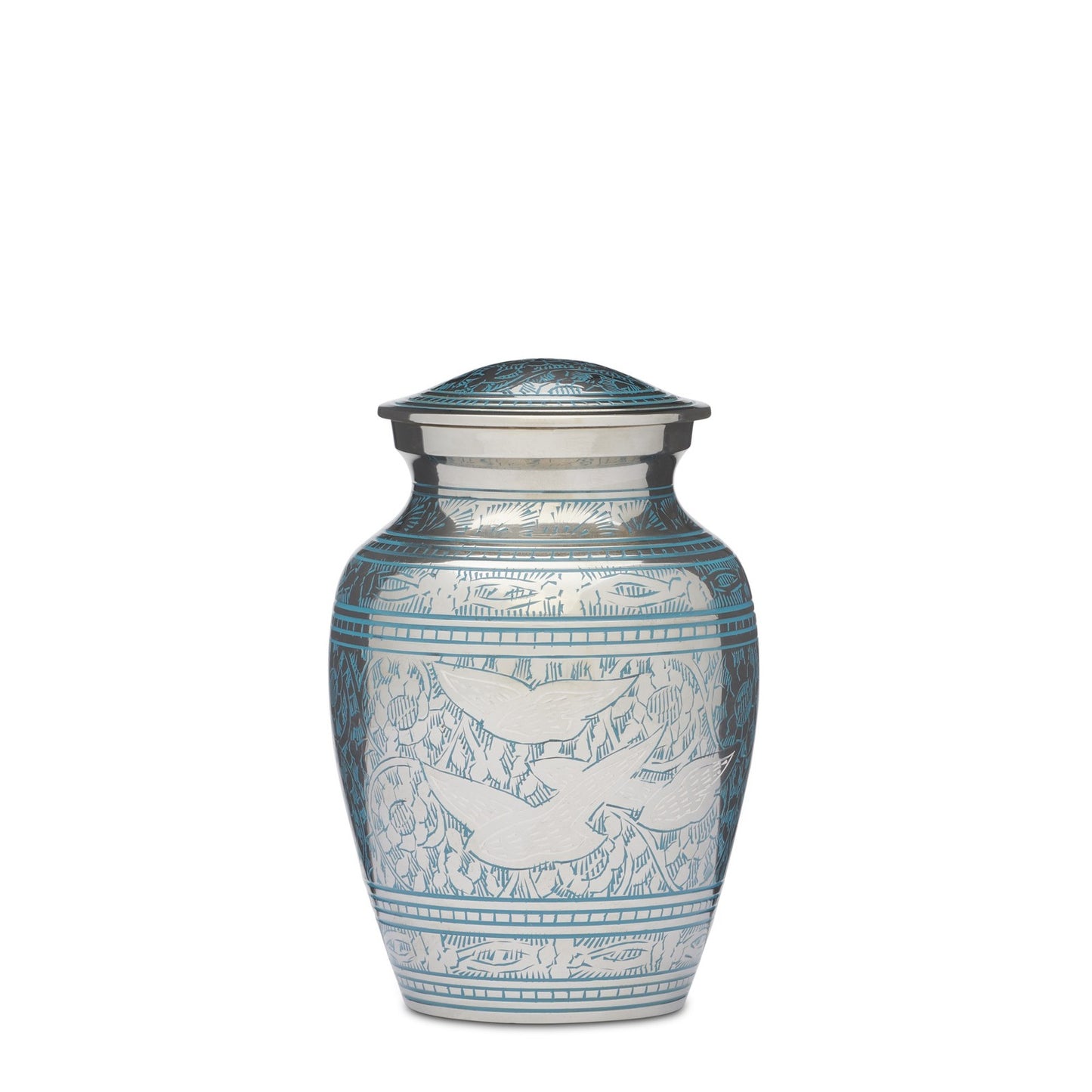 Medium Birds Returning Home urn sculpture in solid brass with teal finish and etched bird design. Ideal keepsake urn with secure threaded lid.