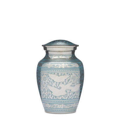 Medium Birds Returning Home urn sculpture in solid brass with teal finish and etched bird design. Ideal keepsake urn with secure threaded lid.