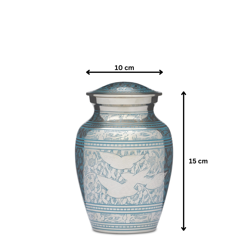 Birds Returning Home medium urn, 15 cm tall and 10 cm wide, solid brass with teal etched bird motif and felted base for memorial keepsakes.