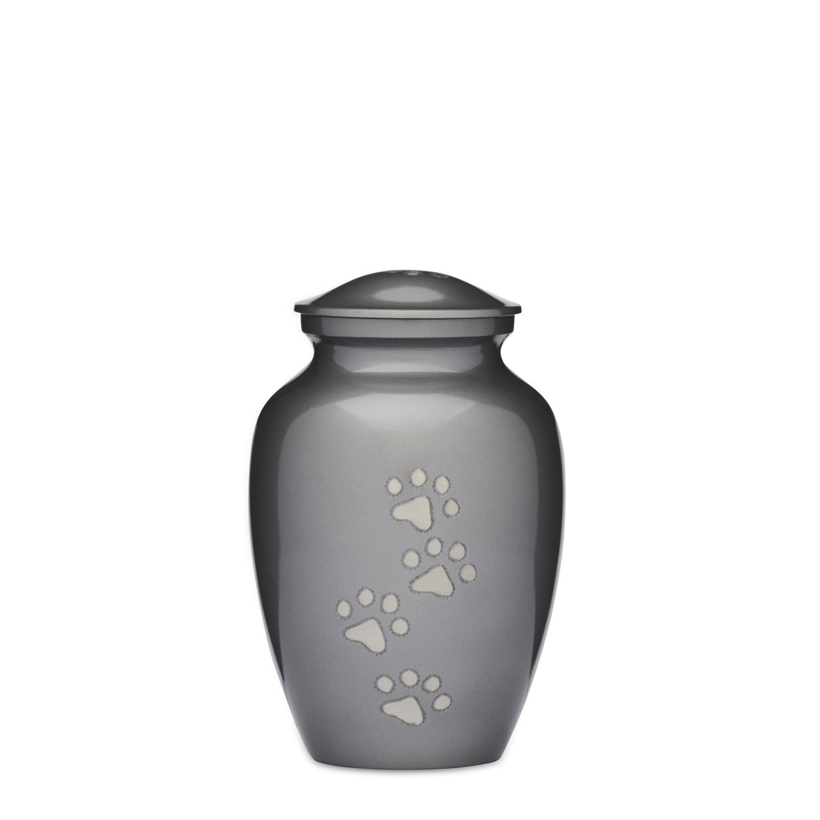 Grey Paws to Heaven Urn - Pet Memorial Urn in solid brass with brushed pewter finish. Features engraved paw prints and a secure screw lid.