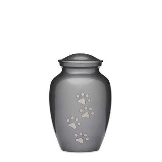 Grey Paws to Heaven Urn - Pet Memorial Urn in solid brass with brushed pewter finish. Features engraved paw prints and a secure screw lid.