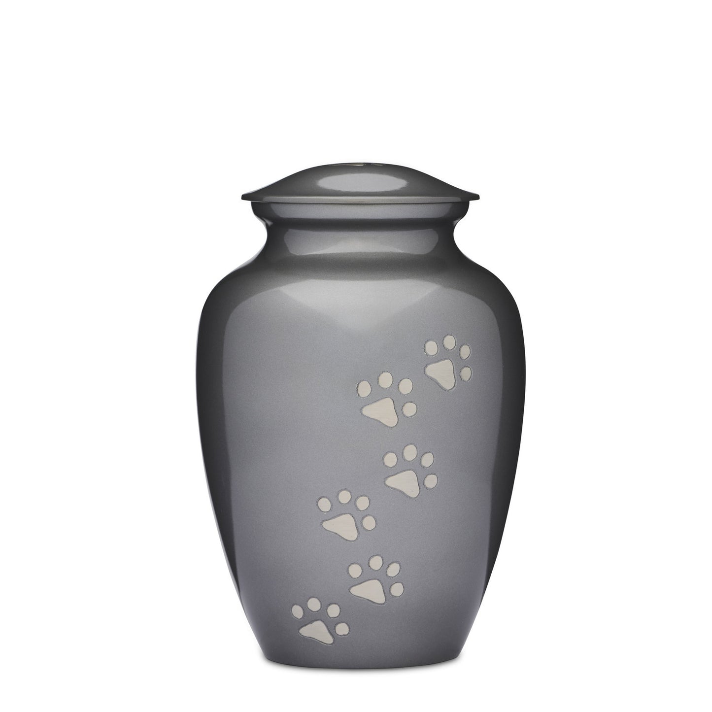 Grey Paws to Heaven Urn 8" features a sleek brass design with silver paw prints. A secure, elegant pet memorial urn to honor your beloved companion.
