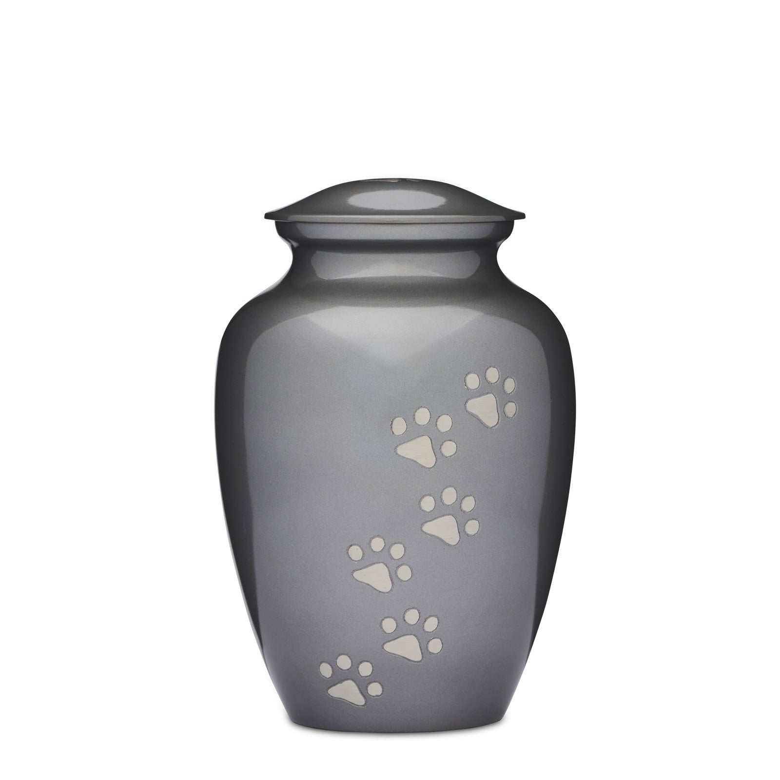Grey Paws to Heaven Urn 8" features a sleek brass design with silver paw prints. A secure, elegant pet memorial urn to honor your beloved companion.