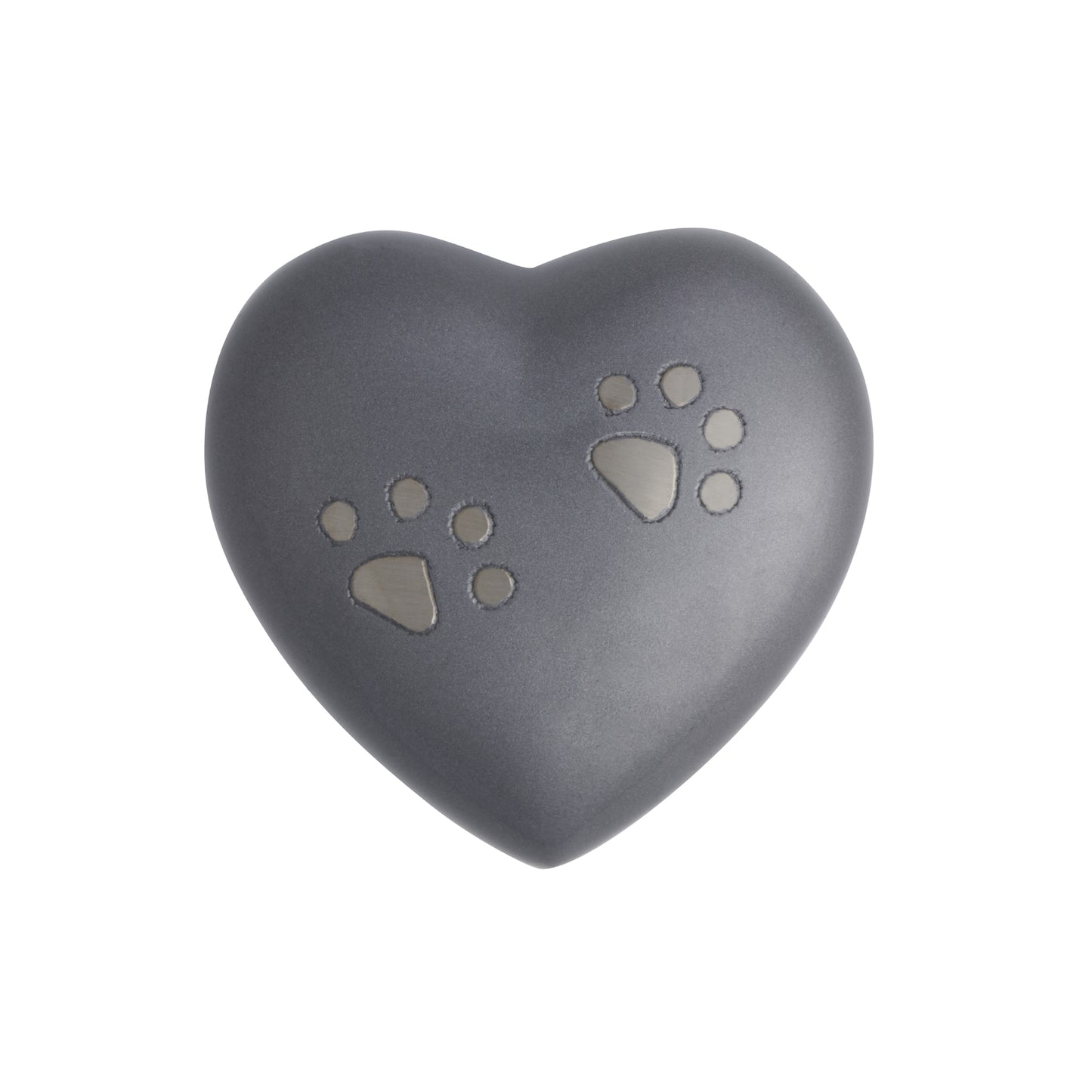 Grey Keepsake Heart Urn in solid brass with pewter finish, featuring two engraved paw prints. Ideal pet memorial urn with threaded base.