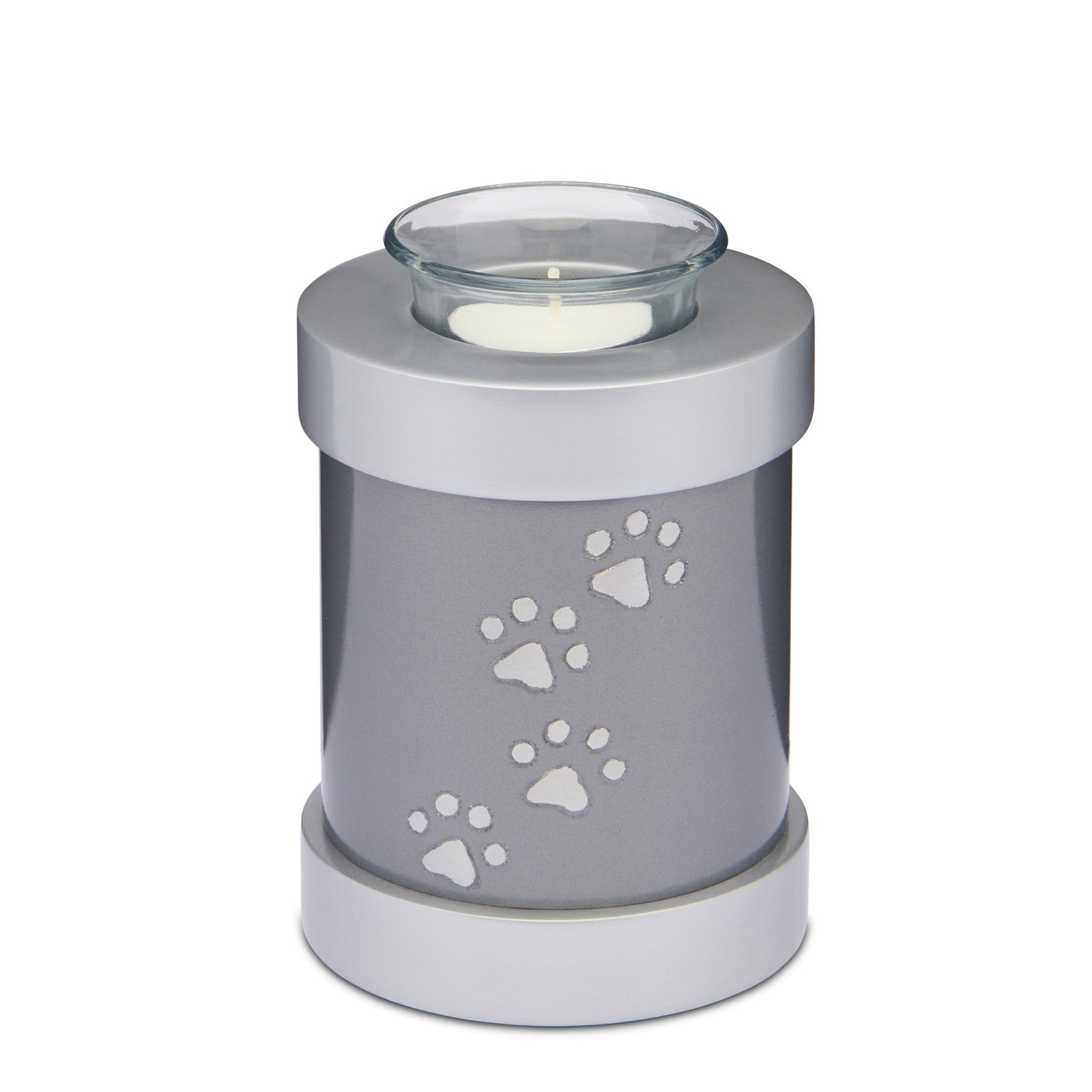 Grey Paws to Heaven Tealight Urn - Pet Cremation Urn | Solid Brass, Secure Lid, 500ml with paw print design and glass tealight holder.