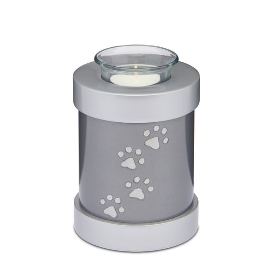 Grey Paws to Heaven Tealight Urn - Pet Cremation Urn | Solid Brass, Secure Lid, 500ml with paw print design and glass tealight holder.