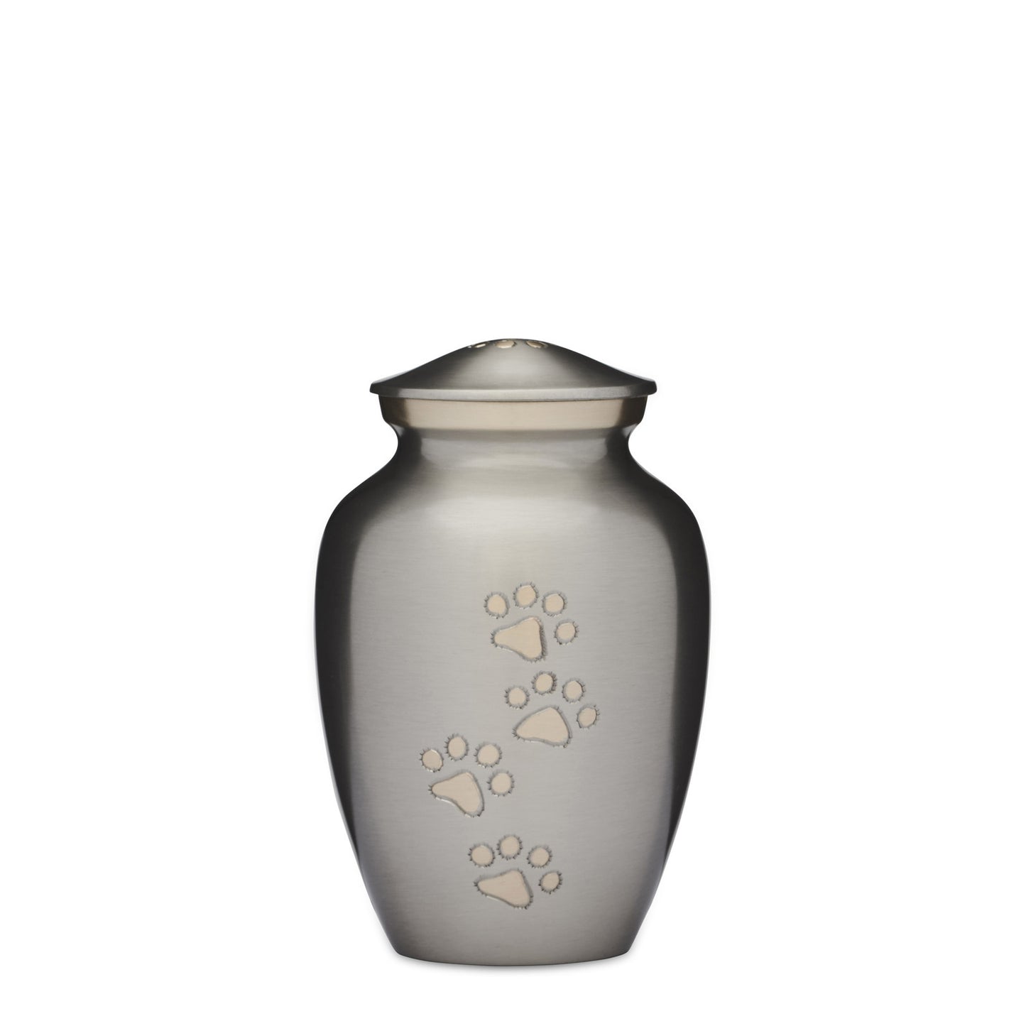 Silver Gold Pet Urn 6-inch brass urn with gold paw prints and threaded lid. Features a felted bottom and 600ml capacity for small pet ashes.