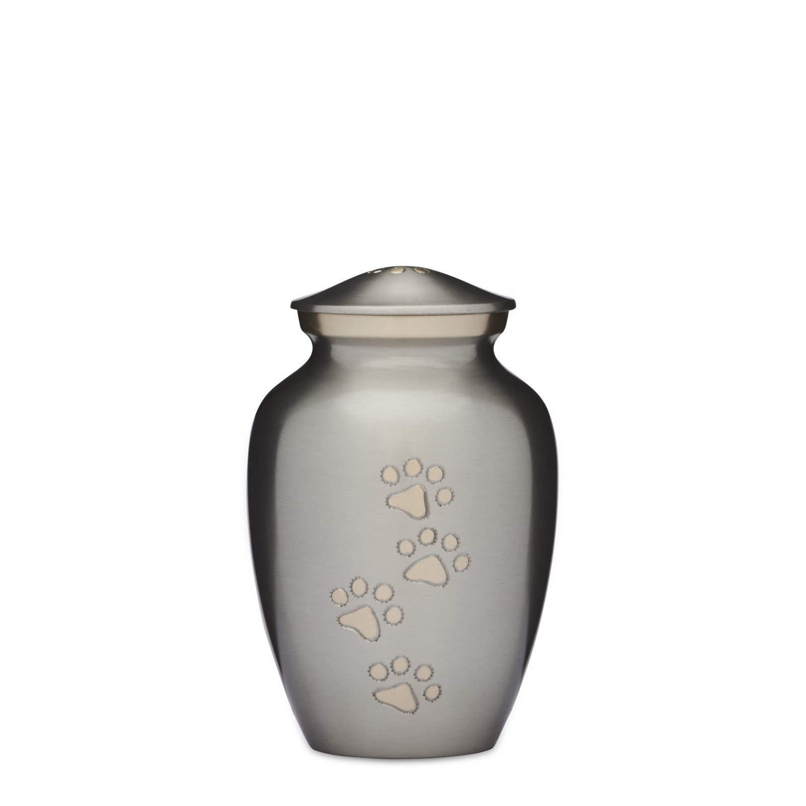 Silver Gold Pet Urn 6-inch brass urn with gold paw prints and threaded lid. Features a felted bottom and 600ml capacity for small pet ashes.
