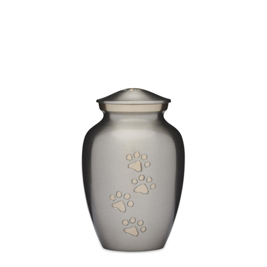 Silver Gold Pet Urn 6-inch brass urn with gold paw prints and threaded lid. Features a felted bottom and 600ml capacity for small pet ashes.