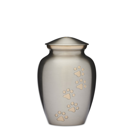 Silver with Gold Paws Urn 7 inch made of solid brass with gold paw prints. Features a secure threaded lid and felted bottom for safe ashes storage.