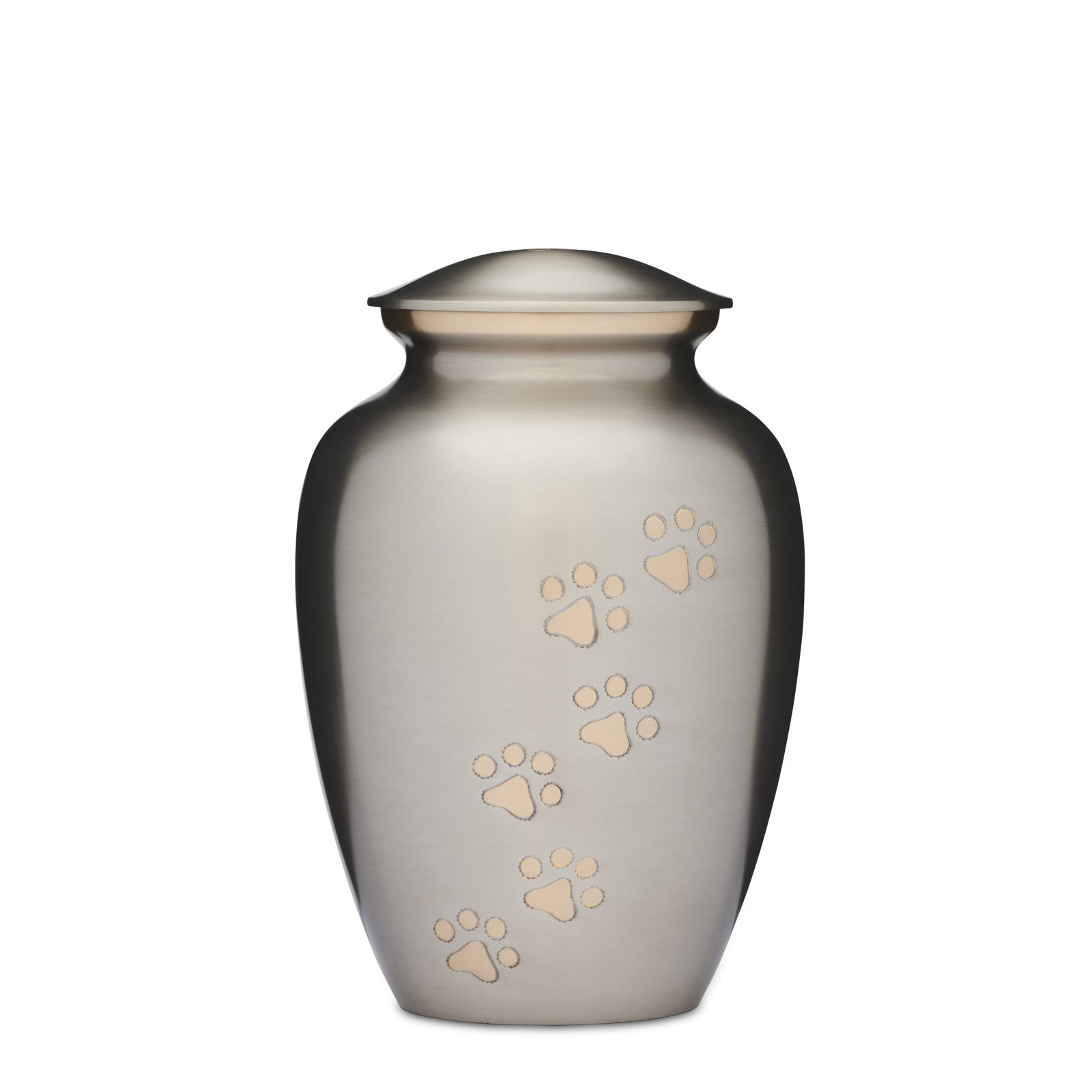 Silver Gold Pet Urn 8" in solid brass with gold paw motifs and a brushed finish. Features a threaded lid for secure closure and no maintenance.