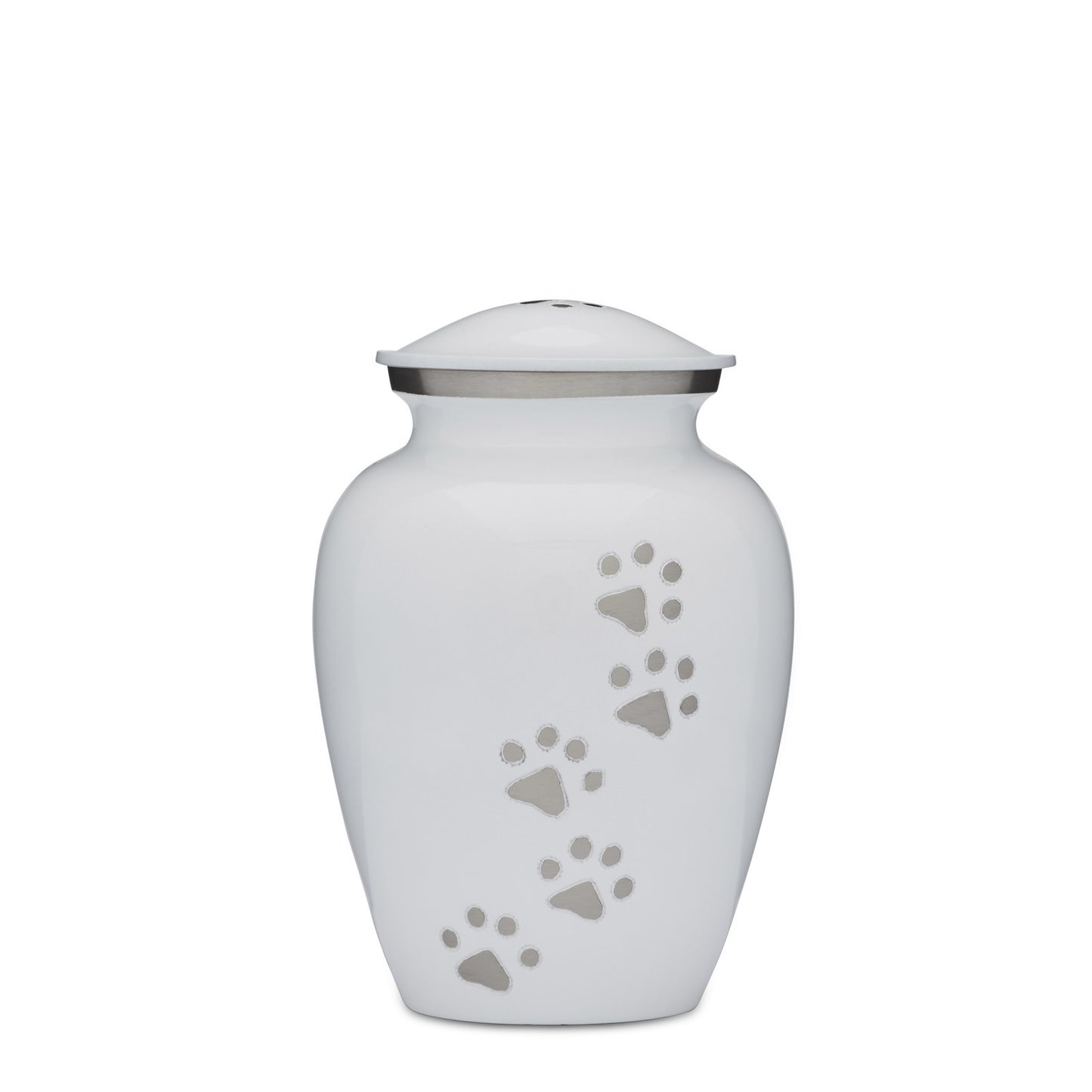 Pet Memorial Urn - White and Silver Paws to Heaven Urn featuring silver paw prints on a glossy white finish. Ideal for honoring a beloved pet.