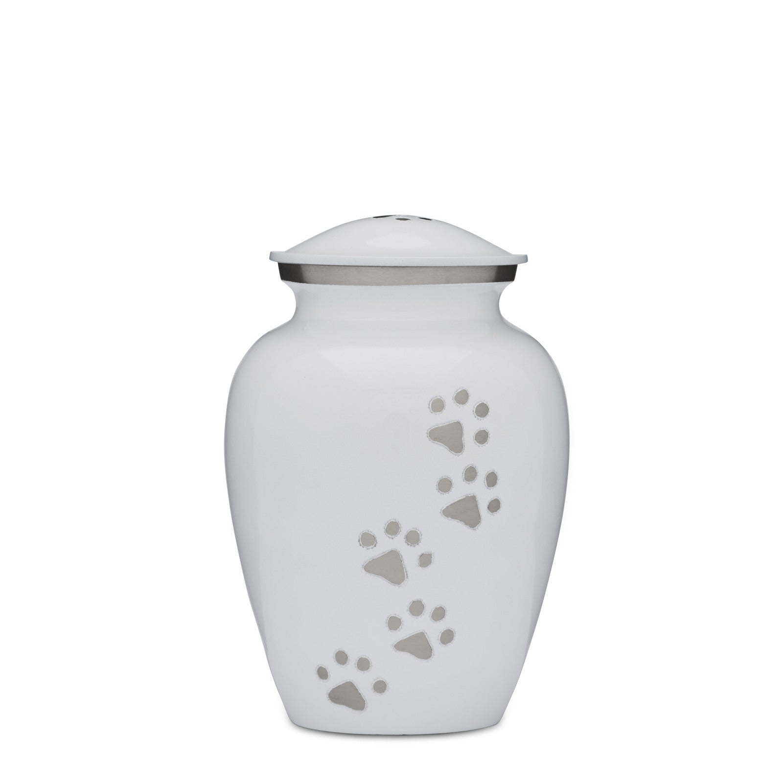 Pet Memorial Urn - White and Silver Paws to Heaven Urn featuring silver paw prints on a glossy white finish. Ideal for honoring a beloved pet.