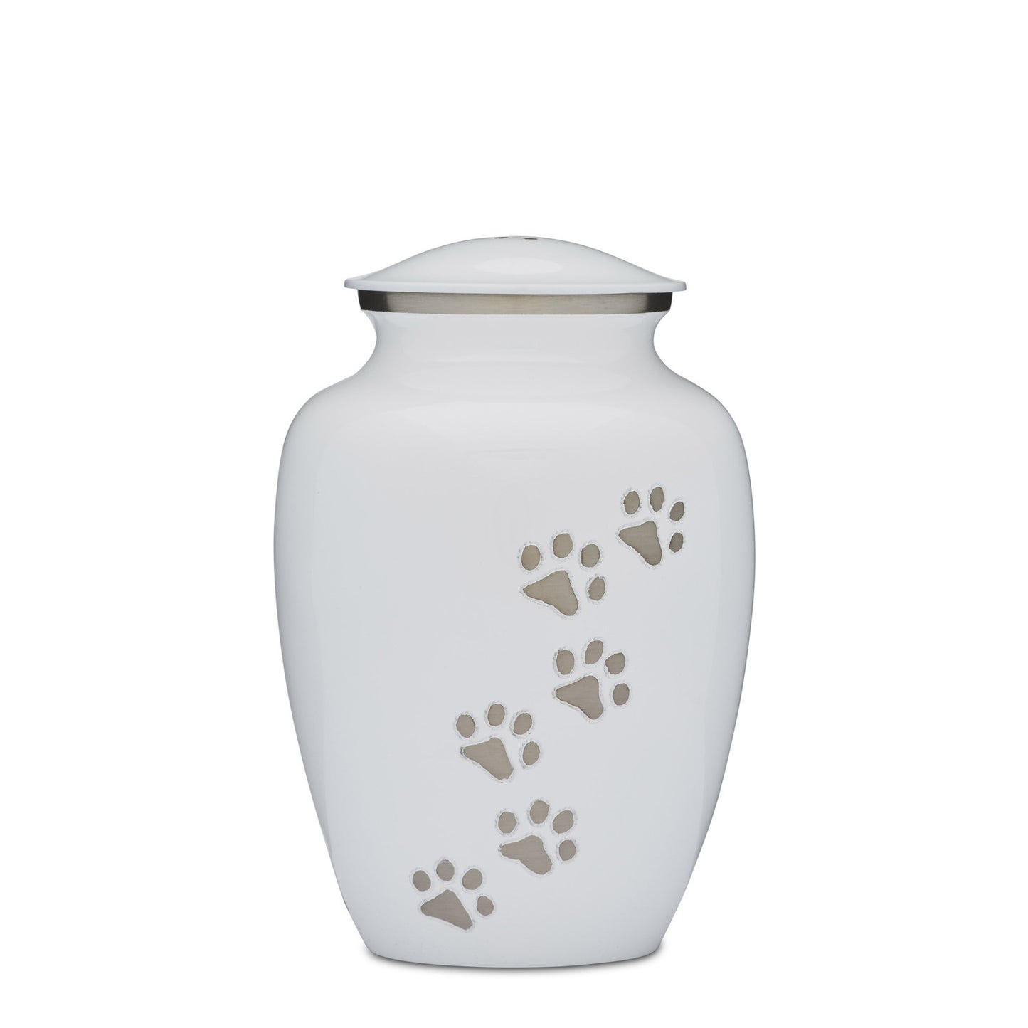 White and Silver Paws to Heaven Urn 8 with elegant paw print design, a durable memorial urn for honoring beloved pets' memories.