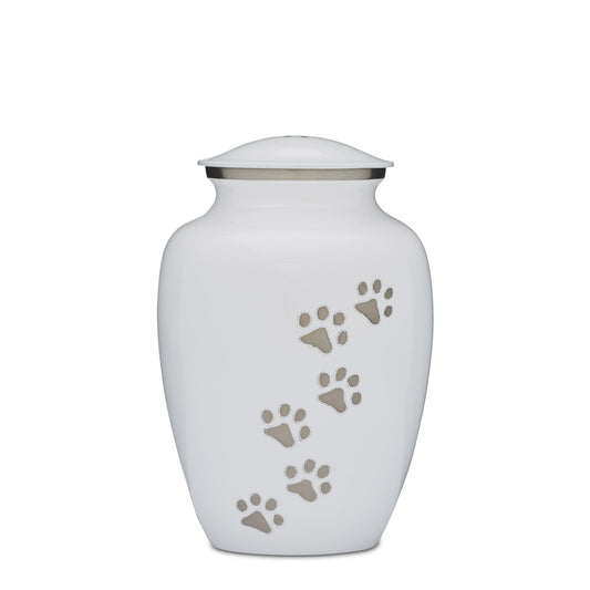 White and Silver Paws to Heaven Urn 8 with elegant paw print design, a durable memorial urn for honoring beloved pets' memories.