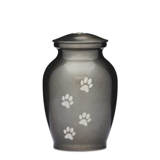 Silver Paws Alloy Urn - Memorial Keepsake | 7" High with engraved white paw prints on a brushed silver finish. Ideal for pet memorials and keepsakes.