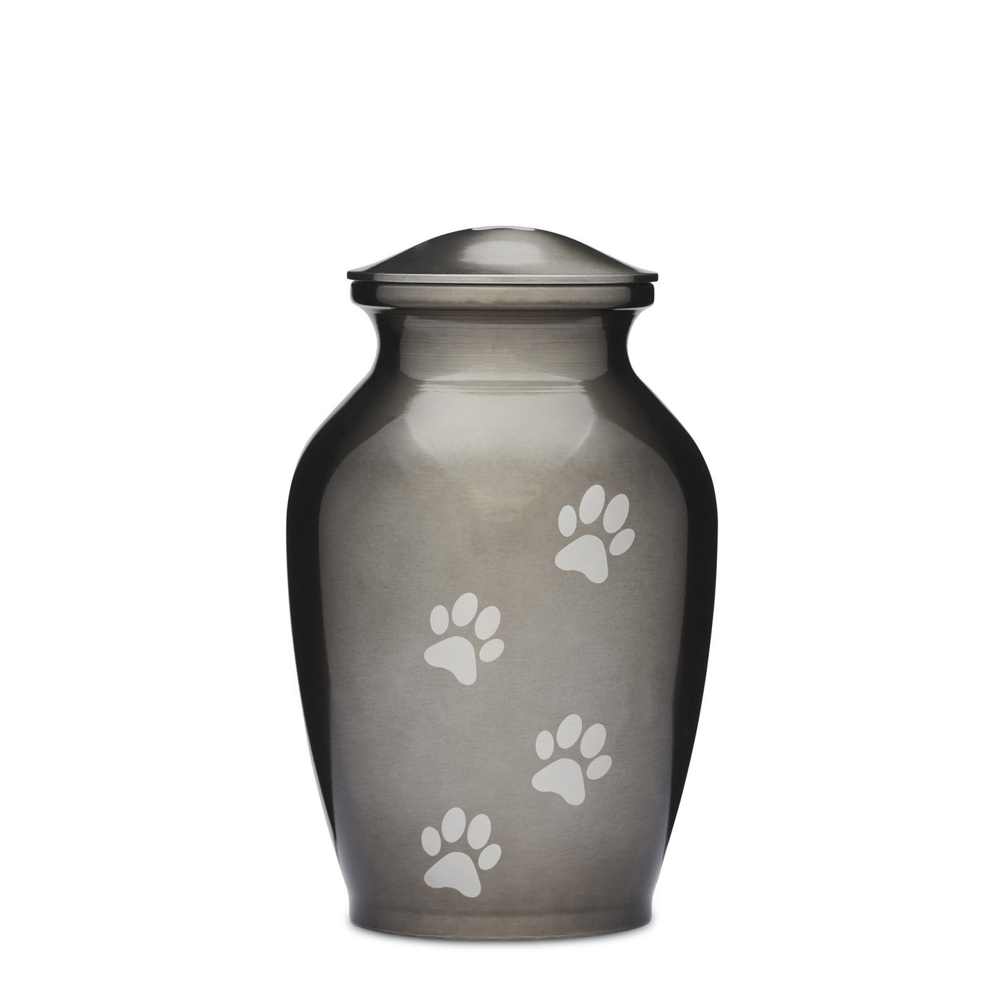 Silver Paws Urn - Alloy Pet Urn 8 Inch with engraved white paw prints on a sleek metallic finish. Ideal for pet memorial and remembrance.