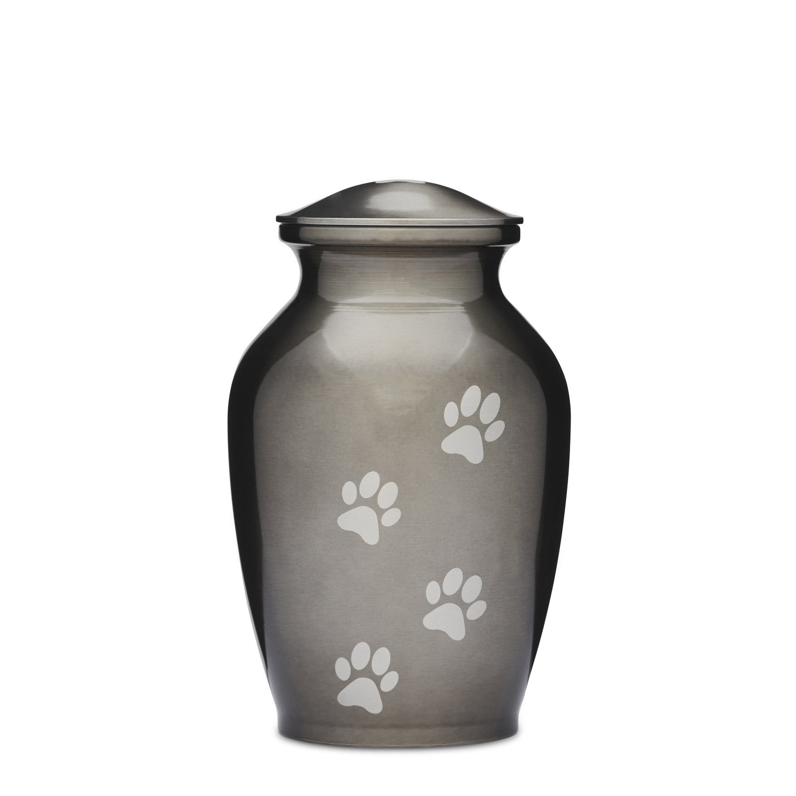 Silver Paws Urn - Alloy Pet Urn 8 Inch with engraved white paw prints on a sleek metallic finish. Ideal for pet memorial and remembrance.