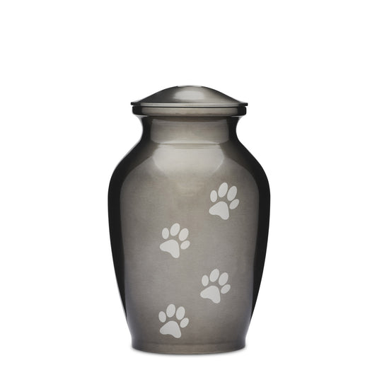 Silver Paws Urn - Alloy Pet Urn 8 Inch with engraved white paw prints on a sleek metallic finish. Ideal for pet memorial and remembrance.